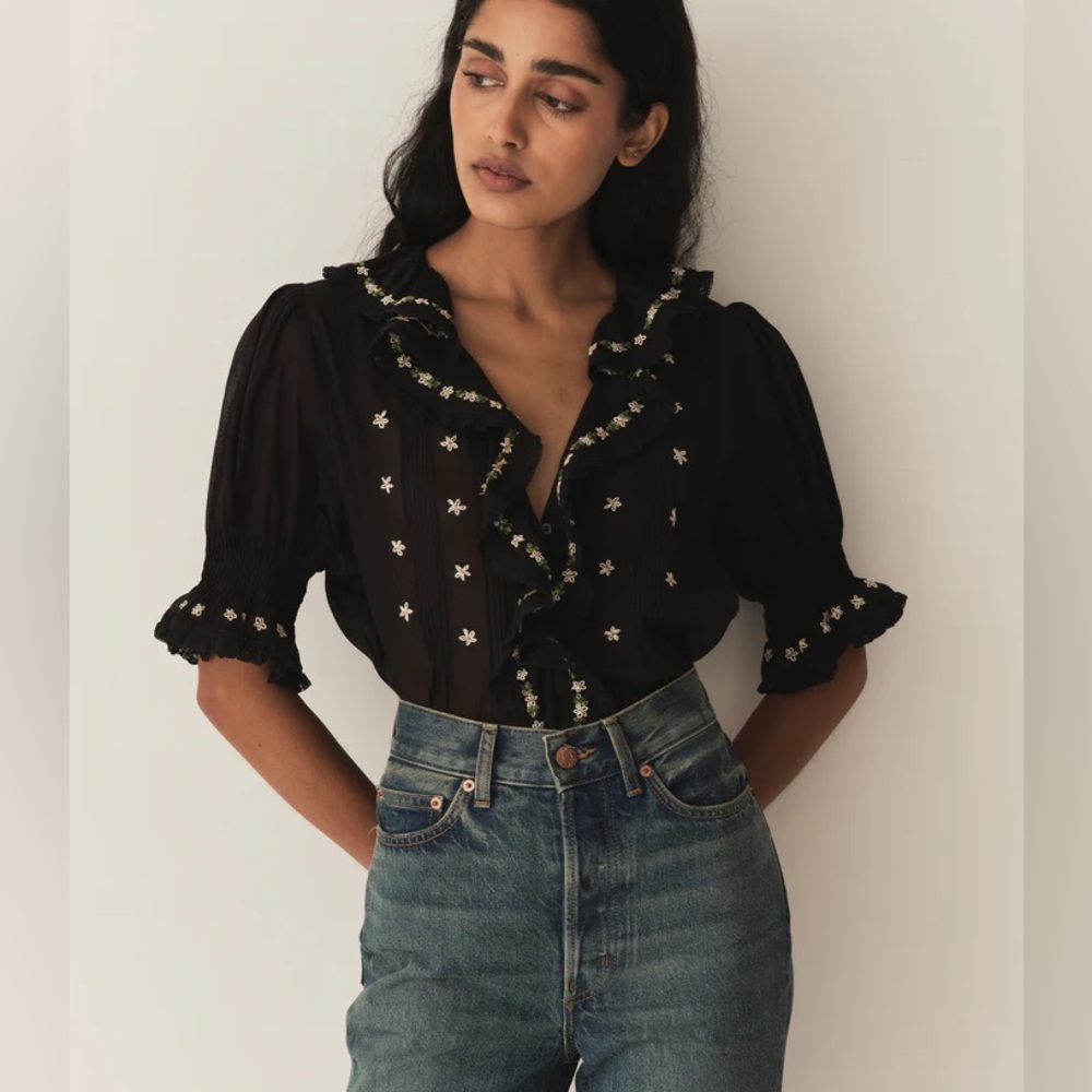 NEW Dôen Hettie Embroidered Ruffle Organic Cotton Top In Black Floral Size S